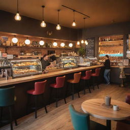 A cosy, vibrant cafe bar with an assortment of colorful pastries, warm beverages, illuminated by warm ambient lighting, with comfortable seating and busy baristas in background.