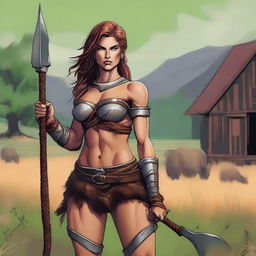 A high-quality digital art image showcasing a robust female human barbarian