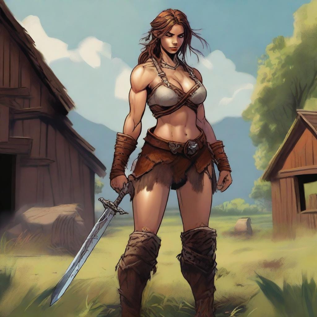 A high-quality digital art image showcasing a robust female human barbarian