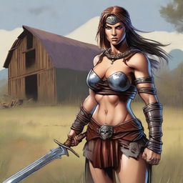 A high-quality digital art image showcasing a robust female human barbarian