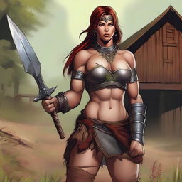 A high-quality digital art image showcasing a robust female human barbarian