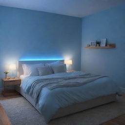 A cozy bed bathed in a gentle blue ambient lighting, creating a relaxing and serene atmosphere