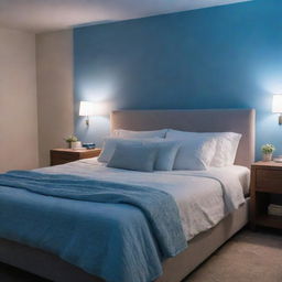 A cozy bed bathed in a gentle blue ambient lighting, creating a relaxing and serene atmosphere