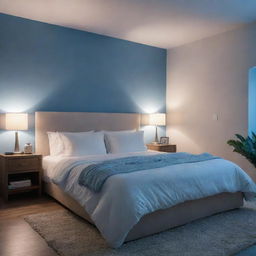 A cozy bed bathed in a gentle blue ambient lighting, creating a relaxing and serene atmosphere