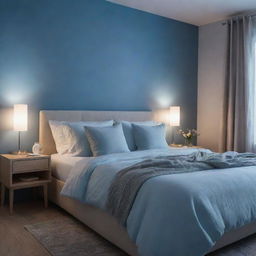 A cozy bed bathed in a gentle blue ambient lighting, creating a relaxing and serene atmosphere