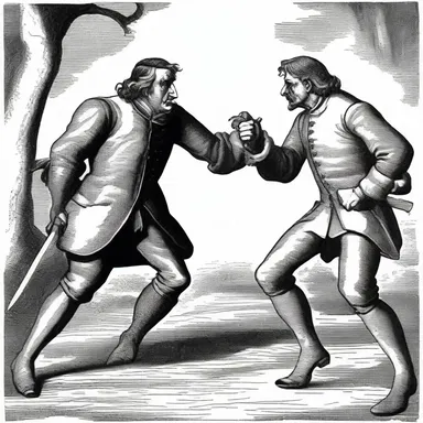 The classic literature piece depicted a dramatic confrontation between the courageous hero and the ruthless gouger.
