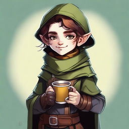 This is a high-quality digital art image featuring an androgynous halfling rogue