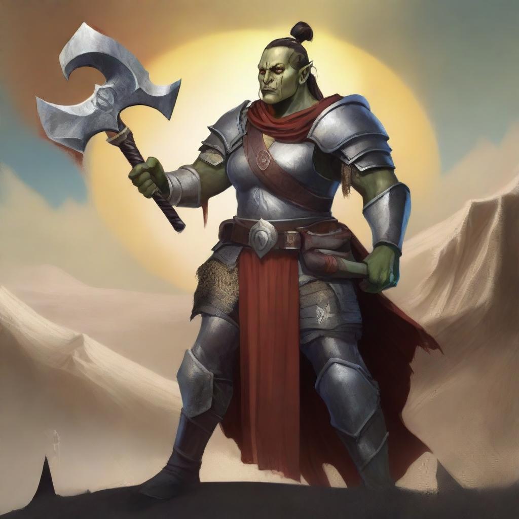 A vivid, high-quality digital art image depicts an androgynous half-orc cleric