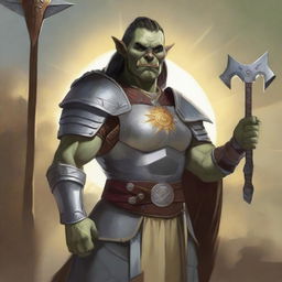 A vivid, high-quality digital art image depicts an androgynous half-orc cleric