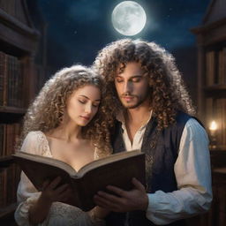 A whimsical fantasy library brimming with ancient books. A man with curly hair and a stunning woman with loose, flowing hair, engrossed in a book under the soft glow of the moonlight.