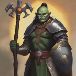 A vivid, high-quality digital art image depicts an androgynous half-orc cleric