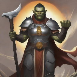 A vivid, high-quality digital art image depicts an androgynous half-orc cleric