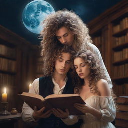 A whimsical fantasy library brimming with ancient books. A man with curly hair and a stunning woman with loose, flowing hair, engrossed in a book under the soft glow of the moonlight.