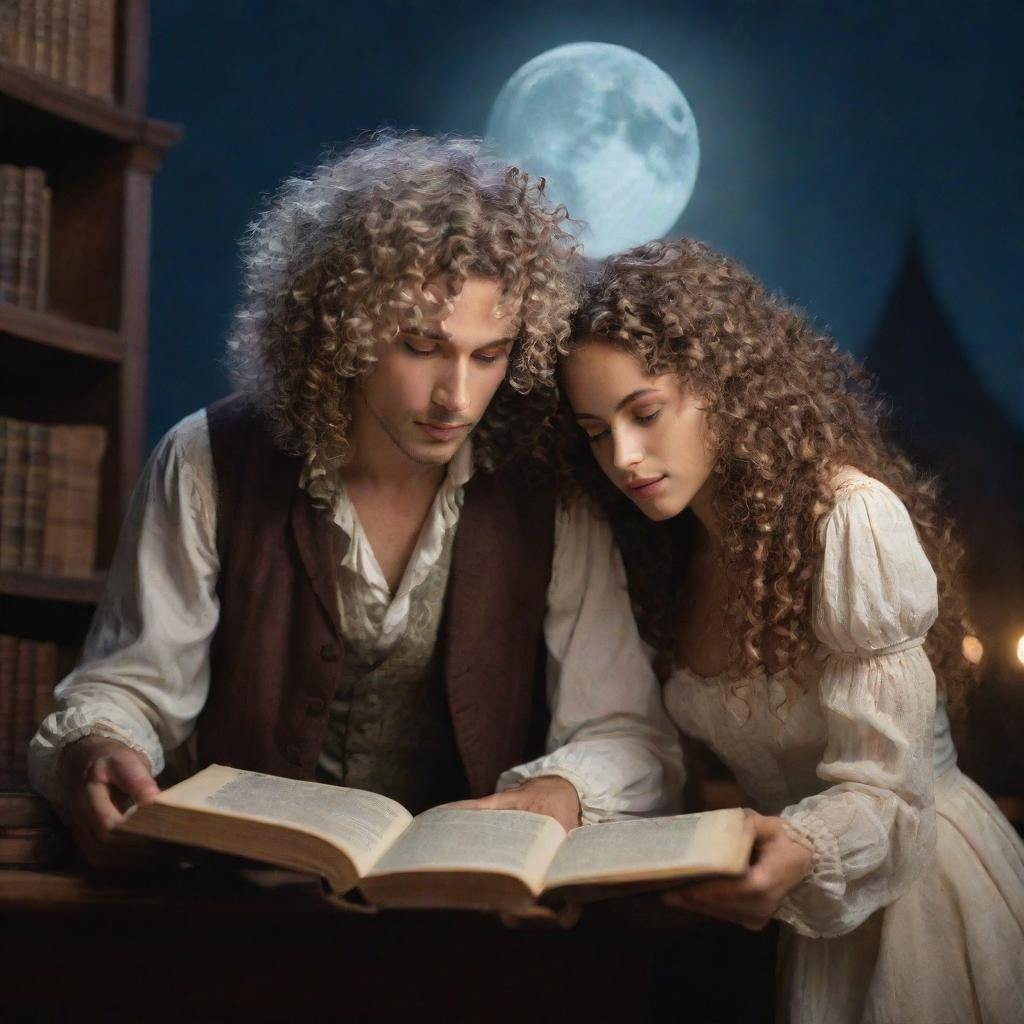 A whimsical fantasy library brimming with ancient books. A man with curly hair and a stunning woman with loose, flowing hair, engrossed in a book under the soft glow of the moonlight.