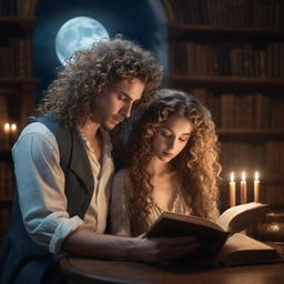 A whimsical fantasy library brimming with ancient books. A man with curly hair and a stunning woman with loose, flowing hair, engrossed in a book under the soft glow of the moonlight.