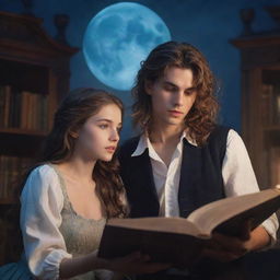 An enchanting fantasy library. A 21-year-old man with an expressive face and a beautiful woman with loose hair, engrossed in a captivating book under the serene glow of the moonlight.