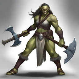 A high-quality digital art image portrays an androgynous half-orc cleric