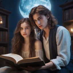 An enchanting fantasy library. A 21-year-old man with an expressive face and a beautiful woman with loose hair, engrossed in a captivating book under the serene glow of the moonlight.