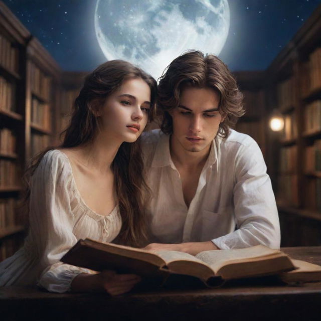 An enchanting fantasy library. A 21-year-old man with an expressive face and a beautiful woman with loose hair, engrossed in a captivating book under the serene glow of the moonlight.