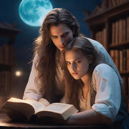 An enchanting fantasy library. A 21-year-old man with an expressive face and a beautiful woman with loose hair, engrossed in a captivating book under the serene glow of the moonlight.