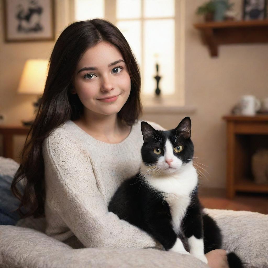 A Disney Pixar styled image of a brunette girl with her black and white cat in a cozy setting