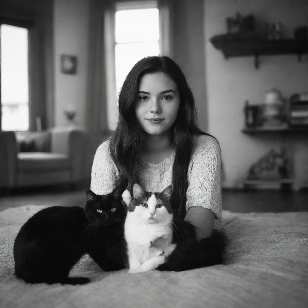 A Disney Pixar styled image of a brunette girl with her black and white cat in a cozy setting