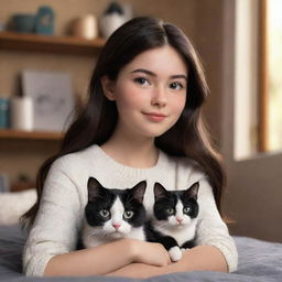 A Disney Pixar styled image of a brunette girl with her black and white cat in a cozy setting