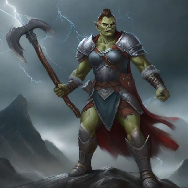 This digital art image showcases an androgynous half-orc cleric, armored and wielding a hefty battleaxe