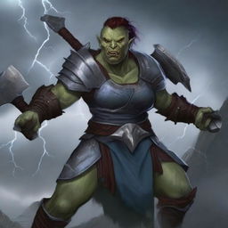 This digital art image showcases an androgynous half-orc cleric, armored and wielding a hefty battleaxe
