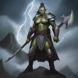 This digital art image showcases an androgynous half-orc cleric, armored and wielding a hefty battleaxe