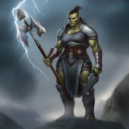 This digital art image showcases an androgynous half-orc cleric, armored and wielding a hefty battleaxe