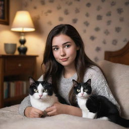 A Disney Pixar styled image of a brunette girl with her black and white cat in a cozy setting