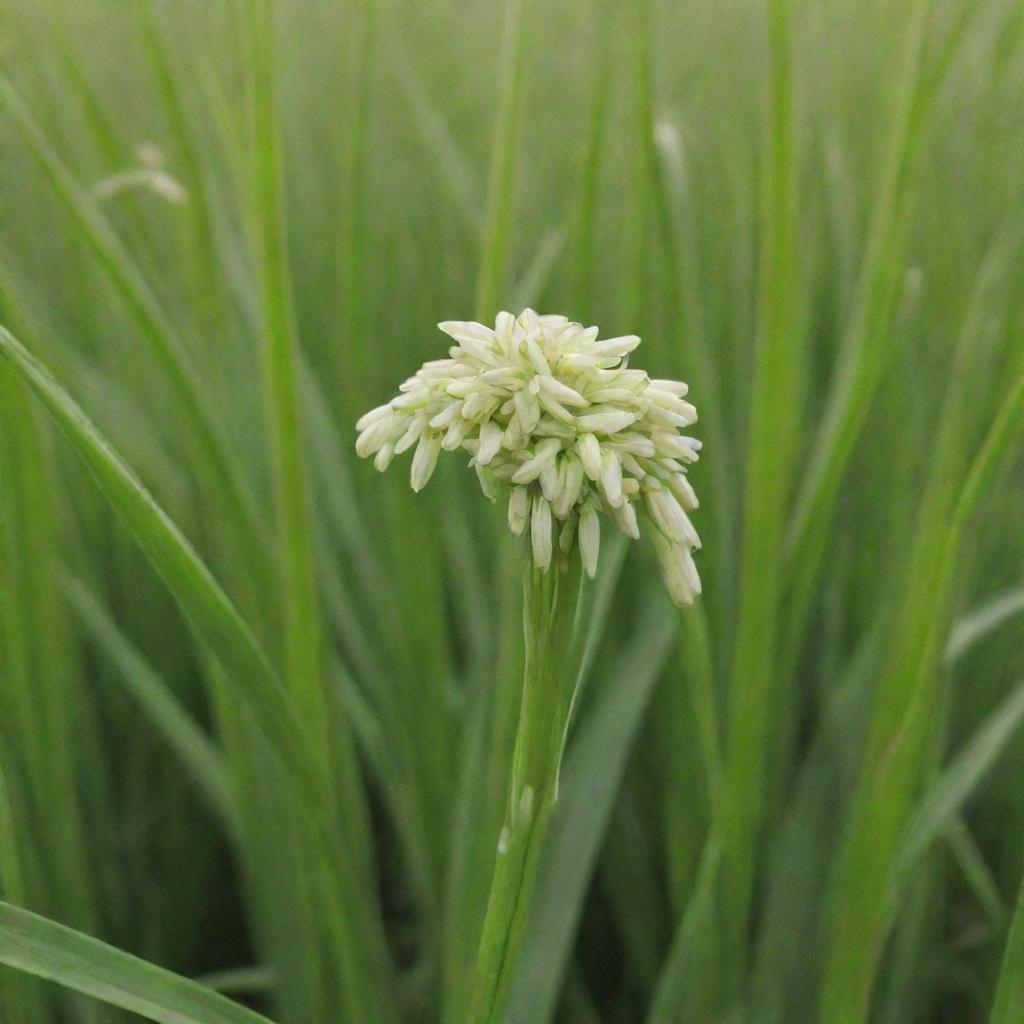 A lush green rice plant in its flowering stage, up-close view with a few grains open revealing rice inside.