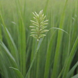 A lush green rice plant in its flowering stage, up-close view with a few grains open revealing rice inside.