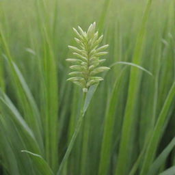 A lush green rice plant in its flowering stage, up-close view with a few grains open revealing rice inside.