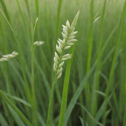 A lush green rice plant in its flowering stage, up-close view with a few grains open revealing rice inside.