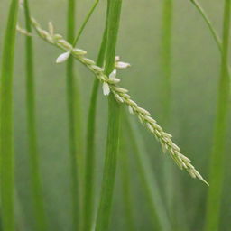 A lush green rice plant in its flowering stage, up-close view with a few grains open revealing rice inside.