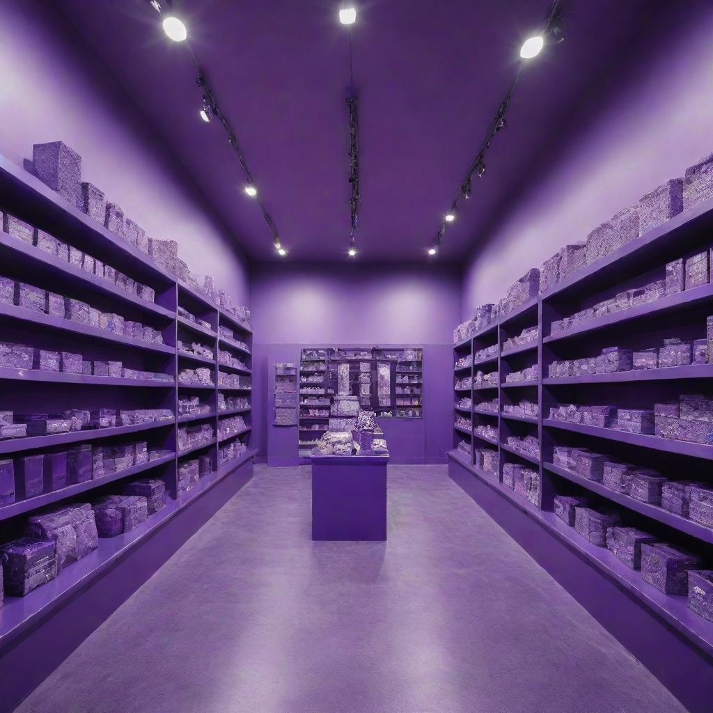 A vibrant and whimsical store with dominant purple colors. The store is well-lit with various purple merchandise. Details like purple-themed showcases, walls, floors, and ceiling are prominent.