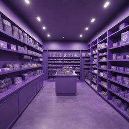 A vibrant and whimsical store with dominant purple colors. The store is well-lit with various purple merchandise. Details like purple-themed showcases, walls, floors, and ceiling are prominent.