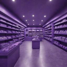 A vibrant and whimsical store with dominant purple colors. The store is well-lit with various purple merchandise. Details like purple-themed showcases, walls, floors, and ceiling are prominent.