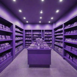 A vibrant and whimsical store with dominant purple colors. The store is well-lit with various purple merchandise. Details like purple-themed showcases, walls, floors, and ceiling are prominent.