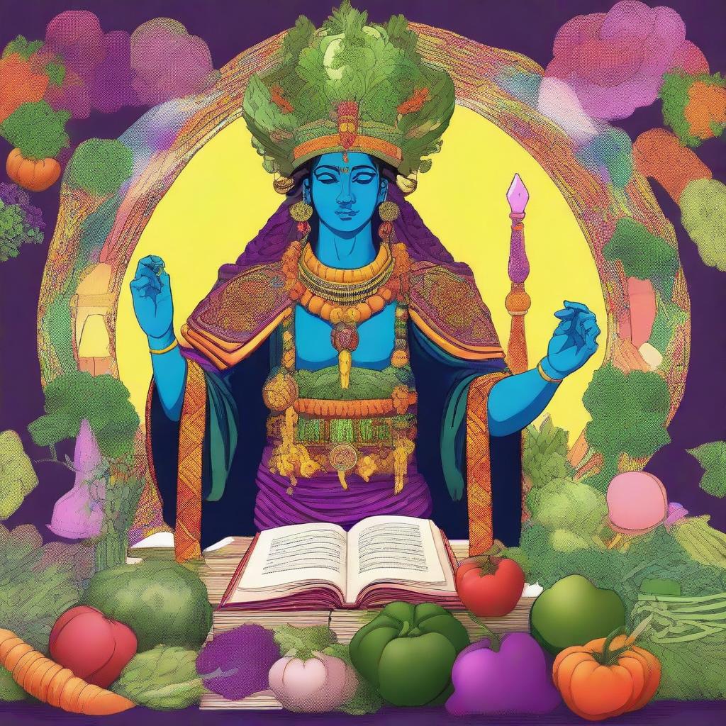 This digital art image portrays a nonbinary deity of orderly warfare, who is also the patron of vegetables