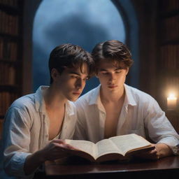 A visionary fantasy library scene. A young 21-year-old man with short hair and a stunning woman with loose hair, both deeply immersed in a book, bathed in the gentle glow of moonlight.