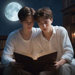 A visionary fantasy library scene. A young 21-year-old man with short hair and a stunning woman with loose hair, both deeply immersed in a book, bathed in the gentle glow of moonlight.