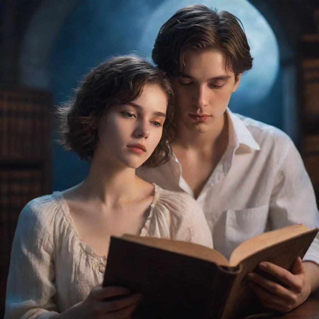 A visionary fantasy library scene. A young 21-year-old man with short hair and a stunning woman with loose hair, both deeply immersed in a book, bathed in the gentle glow of moonlight.