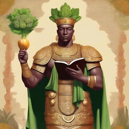 This digital art image vividly illustrates a nonbinary god of orderly warfare, who also serves as the patron of vegetables