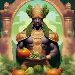 This digital art image vividly illustrates a nonbinary god of orderly warfare, who also serves as the patron of vegetables