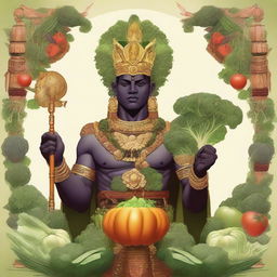 This digital art image vividly illustrates a nonbinary god of orderly warfare, who also serves as the patron of vegetables