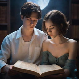 A visionary fantasy library scene. A young 21-year-old man with short hair and a stunning woman with loose hair, both deeply immersed in a book, bathed in the gentle glow of moonlight.