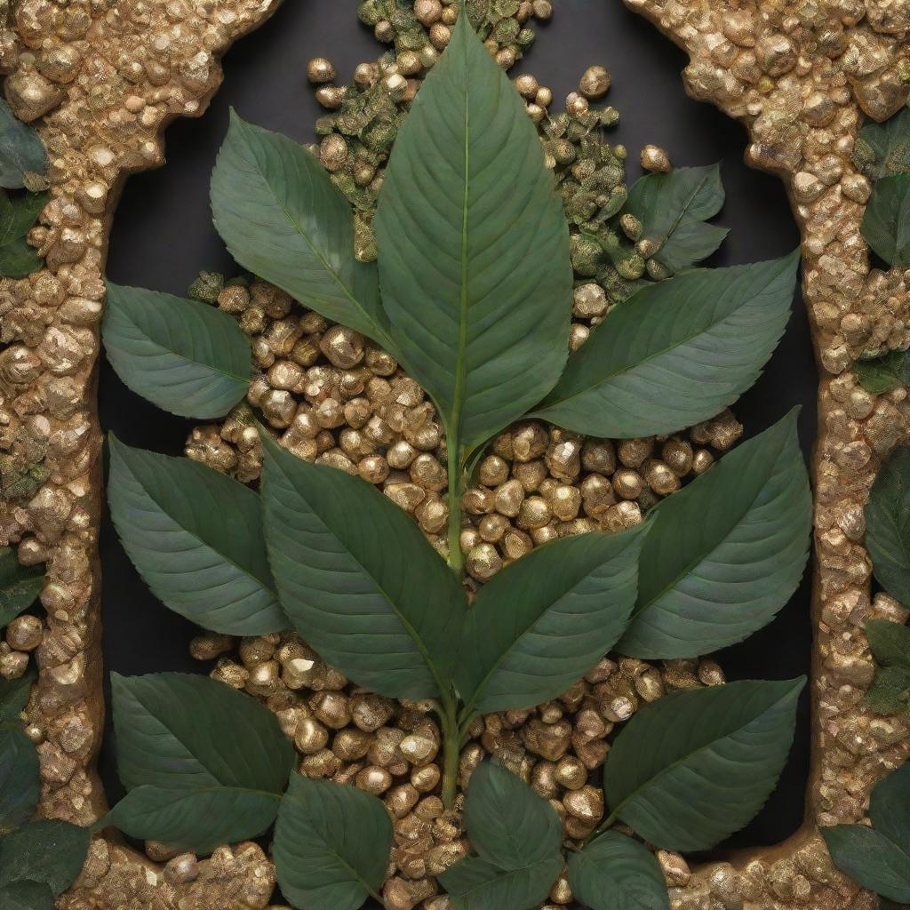 A fantastical depiction of a lush plant, adorned with leaves splitting open to reveal sparkling gold nuggets inside.